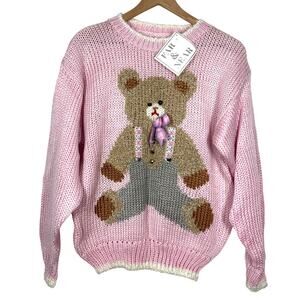 Vtg Far & Near Sweater NWT Size M Teddy Bear Pink Deadstock Cottage Grandma